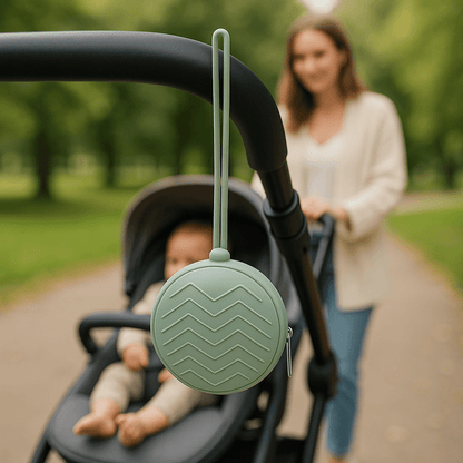 Attache tetine vert attaché à une poussette.