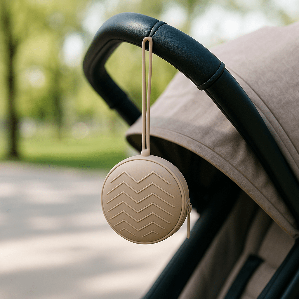 Attache tetine taupe attaché à une poussette.