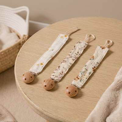 Attache tetine | Coton avec clip en bois naturel