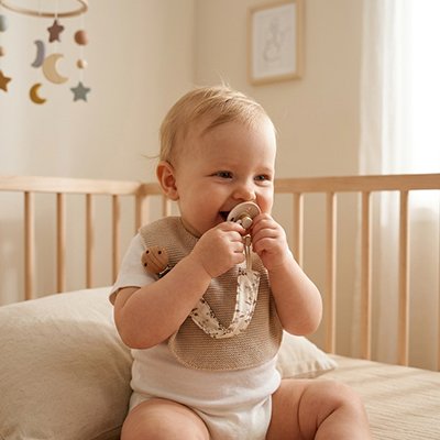 Attache tetine | Coton avec clip en bois naturel