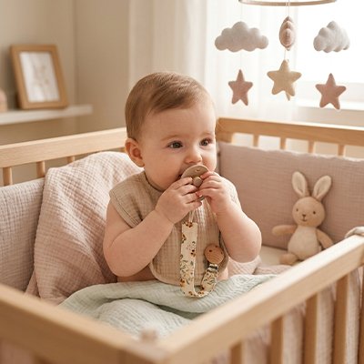 Attache tetine | Coton avec clip en bois naturel