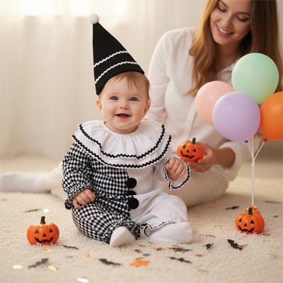 Bébé à une fête d'enfant dans son déguisement bébé clown blanc et noir.