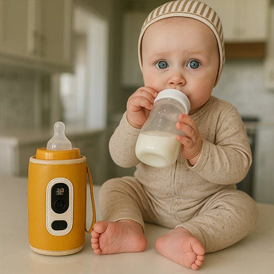 Bébé assis sur le comptoir avec son chauffe biberon nomade safran.