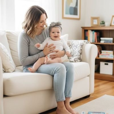Bébé au salon avec maman et turban bebe fille gris.