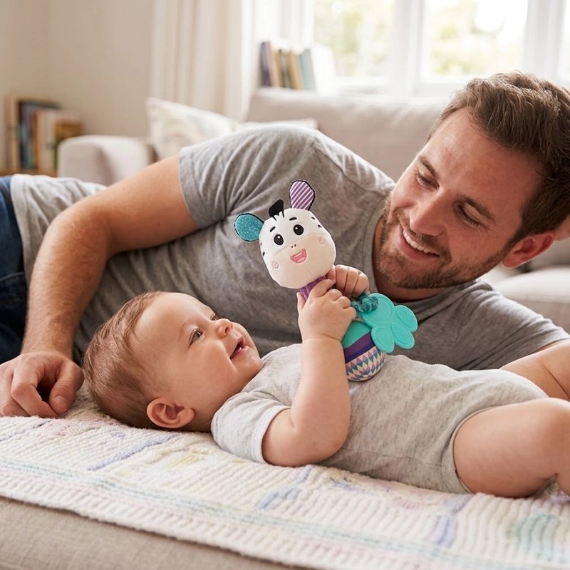 Bébé avec papa qui joue avec son hochet sensoriel zèbre.
