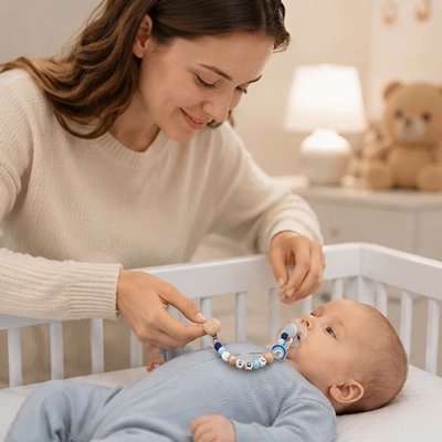 Bébé avec son attache tetine arc-en-ciel bleue et bois d'hêtre.