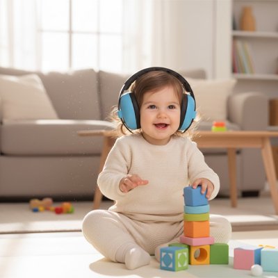 Bébé avec son casque anti bruit bébé à arceau protecteur.