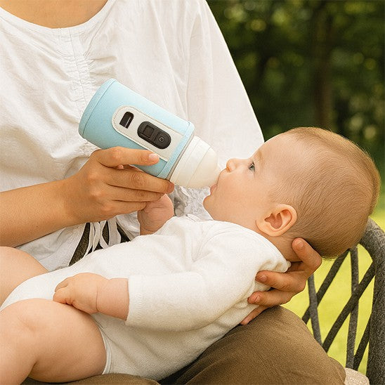 Bébé boit son lait avec son chauffe biberon nomade bleu rechargeable.