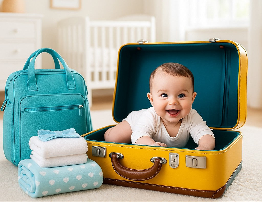 Bébé caché dans sa valise jaune avec sac à langer et accessoires de sorties pour bébé.