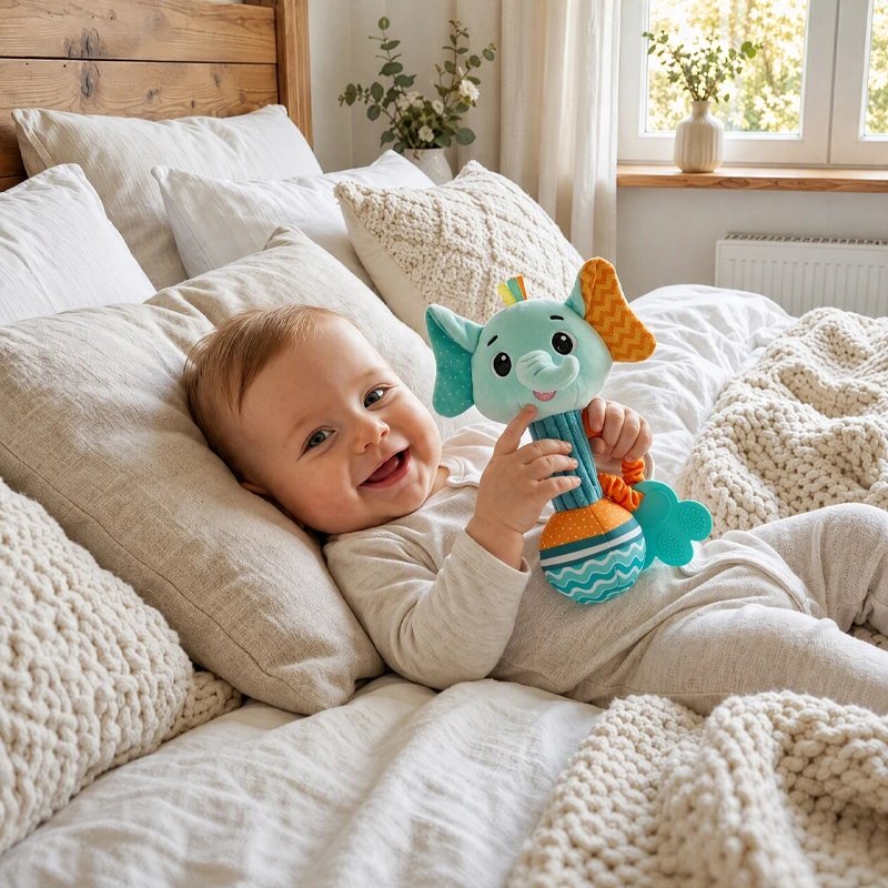 Bébé couché avec son hochet d'éveil éléphant turquoise.