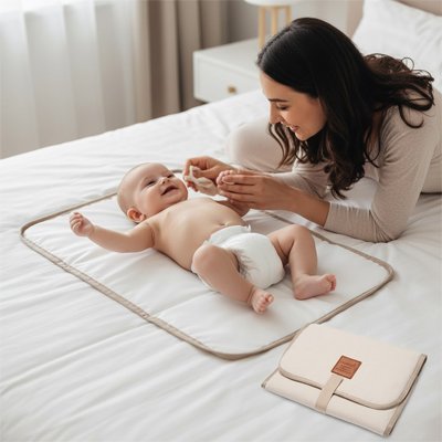 Bébé couché sur son petit tapis a langer nomade beige vanille.