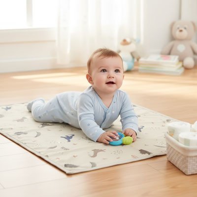 Bébé couché sur son tapis à langer nomade dinosaures.