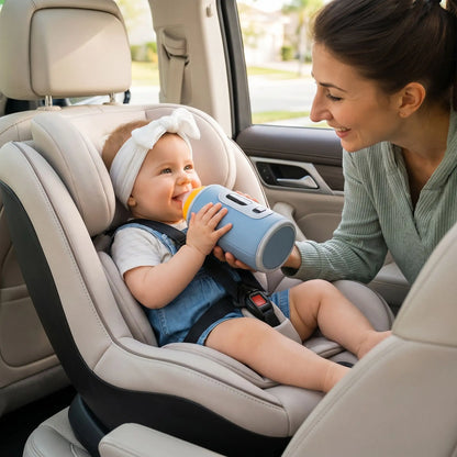 Bébé dans l'auto avec son chauffe biberon nomade bleu.