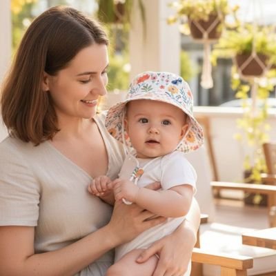 Bébé dans les bras de maman portant son chapeau bebe de plage fleuri.