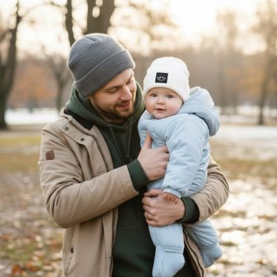 Bébé dans les bras de papa portant son bonnet bebe blanc.