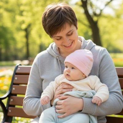 Bébé dans les bras de maman portant son bonnet bébé fille.