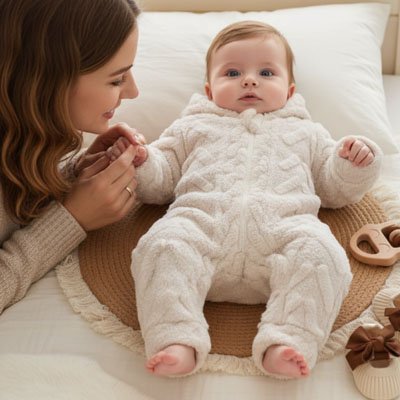 Bébé dans sa combinaison hiver pour bebe beige