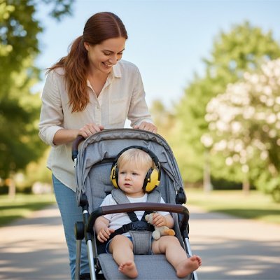 Bébé dans sa poussette avec son casque anti bruit bébé jaune.