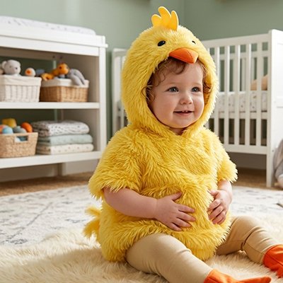 Bébé dans son Déguisement bébé petit poussin en fourrure douce.