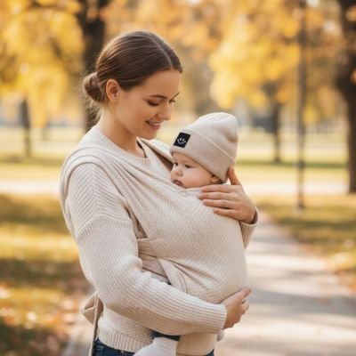 Bébé dans son écharpe de portage avec son bonnet bebe beige.