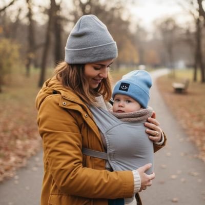 Bébé dans son porte bébé avec son bonnet bebe bleu.