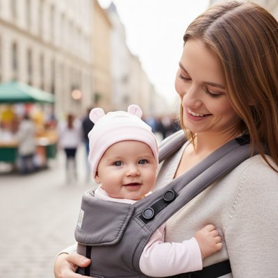 Bébé dans son porte-bébé et son bonnet bebe rose.