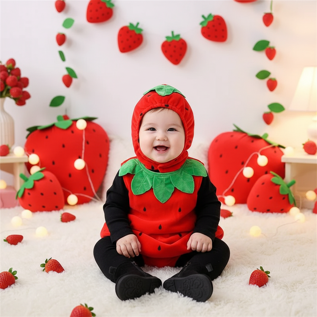 Bébé dans un décor à thème fraises dans son déguisement bébé fraise.