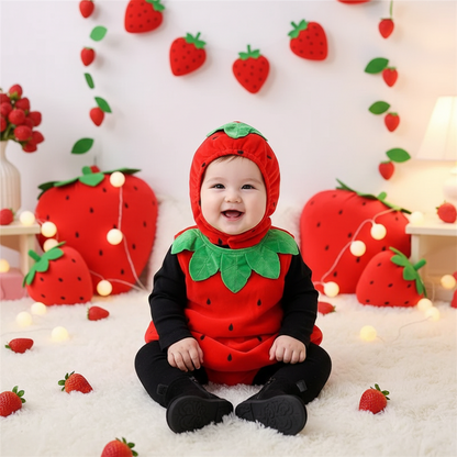 Bébé dans un décor à thème fraises dans son déguisement bébé fraise.