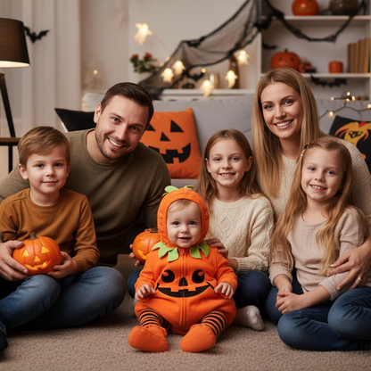 Bébé en déguisement bébé citrouille Halloween avec sa famille