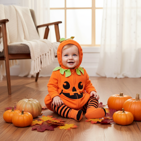 Bébé en déguisement citrouille Halloween entouré de vraies citrouilles