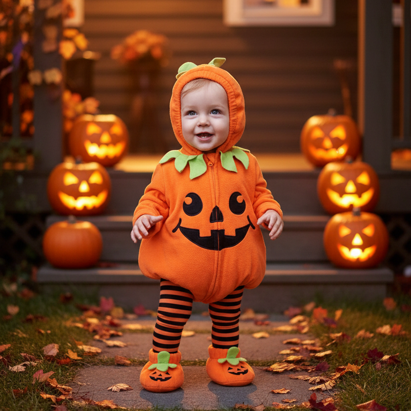 Bébé en déguisement bébé citrouille Halloween sur un porche décoré