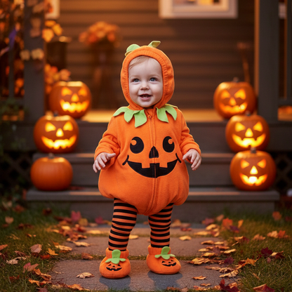 Bébé en déguisement bébé citrouille Halloween sur un porche décoré
