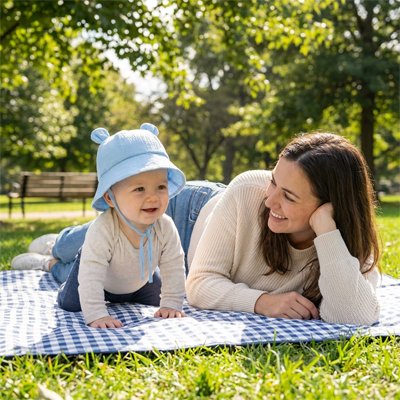 Bébé en pique-nique protégé du soleil par son bob bebe gris.