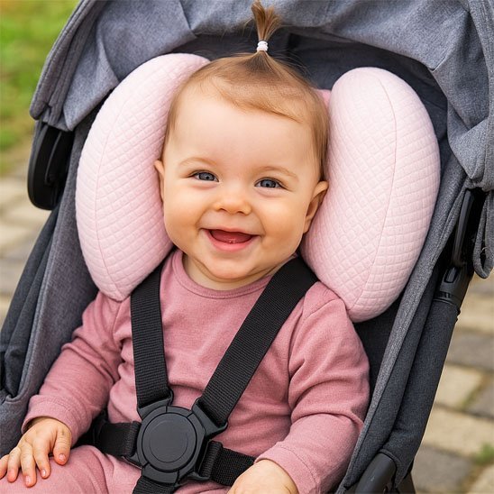 Bébé en poussette avec un cale tete bebe pour fille.