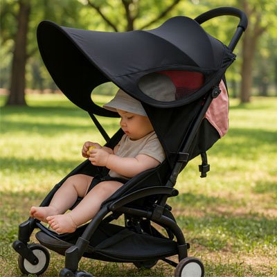 Bébé en promenade avec son par soleil pour poussette​ noir.