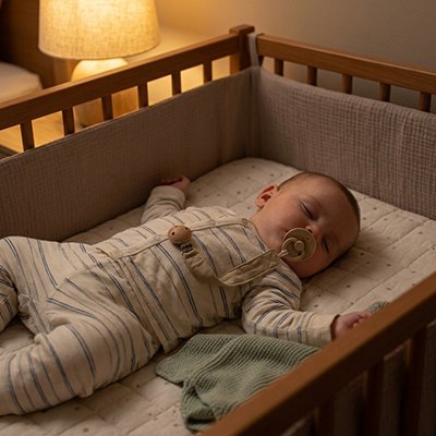 Bébé endormi avec attache tétine coton beige et clip en bois.