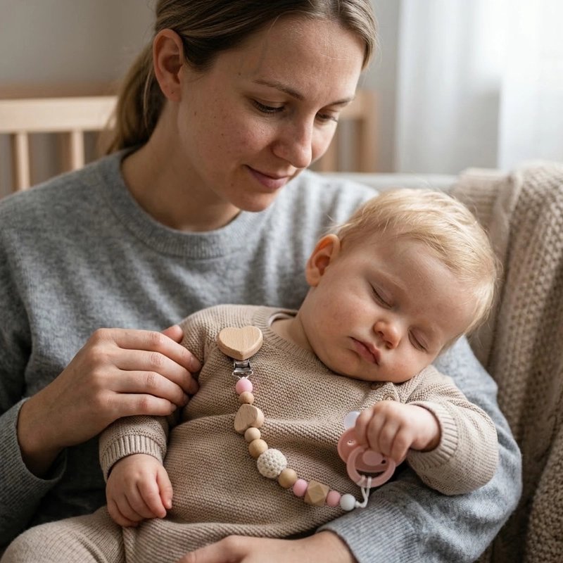Bébé endormi avec son attache tetine en perles silicone rose clair.