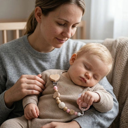 Bébé endormi avec son attache tetine en perles silicone rose clair.