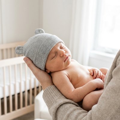Bébé endormi avec son bonnet bebe en coton gris.