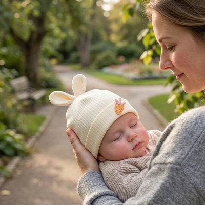 Bébé endormi avec son bonnet bébé jaune clair.