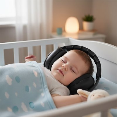 Bébé endormi avec son casque anti bruit bébé noir.