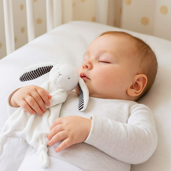 Bébé endormi avec son doudou lapin blanc soyeux.