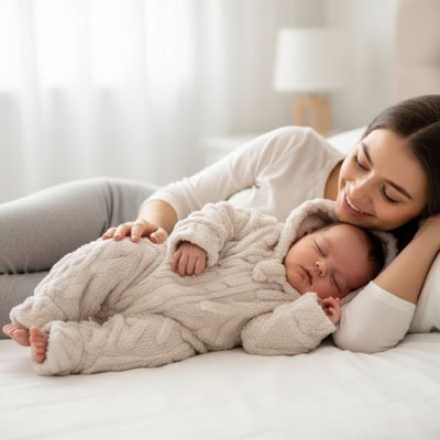 Bébé endormi dans sa combinaison hiver pour bebe avec maman sur le lit.