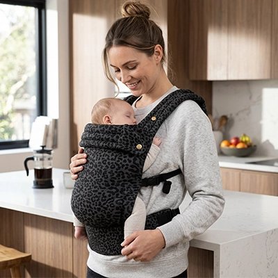 Bébé endormi dans son porte bebe leopard moderne et élégant.