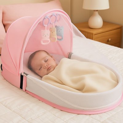 Bébé endormi sur le grand lit dans son lit bebe de voyage rose.
