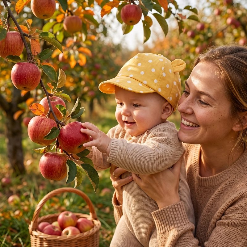 Bébé et maman cueillant des pommes avec une casquette pour bebe jaune.