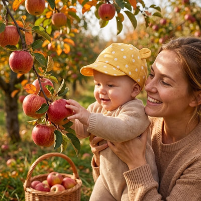 Bébé et maman cueillant des pommes avec une casquette pour bebe jaune.
