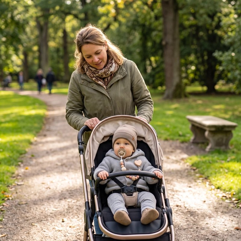 Bébé et maman en promenade avec attache tetine coeur pour sucette.