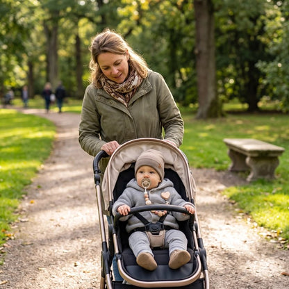Bébé et maman en promenade avec attache tetine coeur pour sucette.