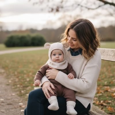 Bébé et maman sur un banc de parc avec cagoule bebe beige.